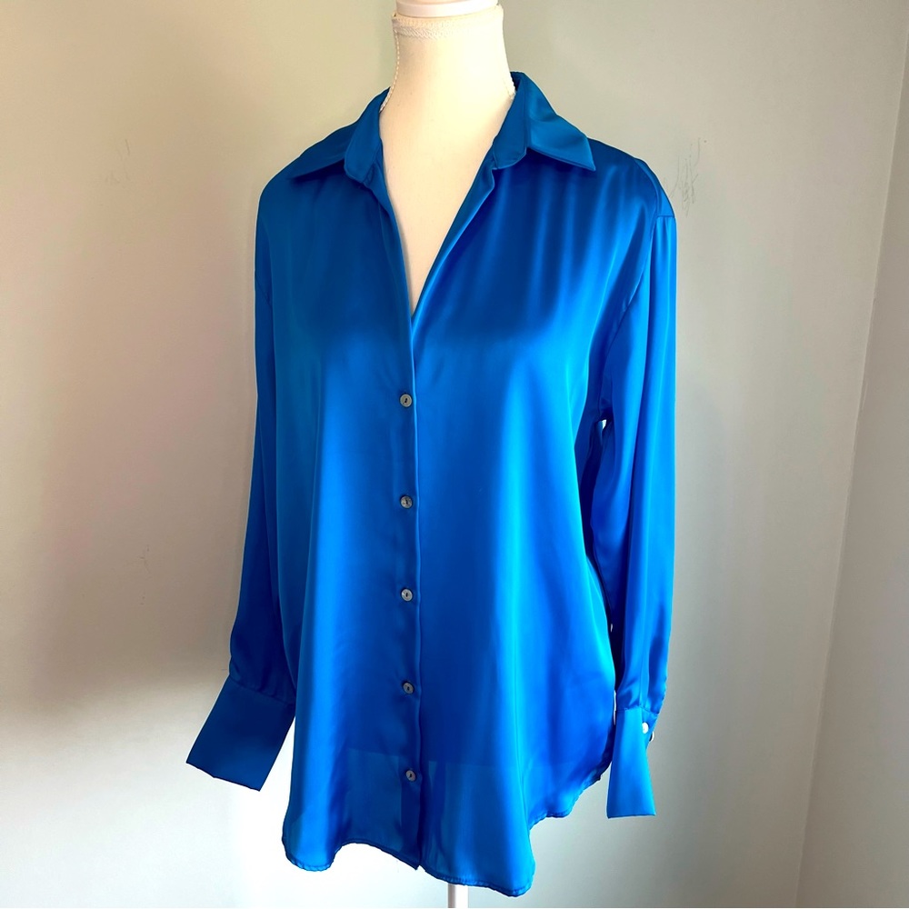 Blue Silk Long Sleeve  Button down Blouse